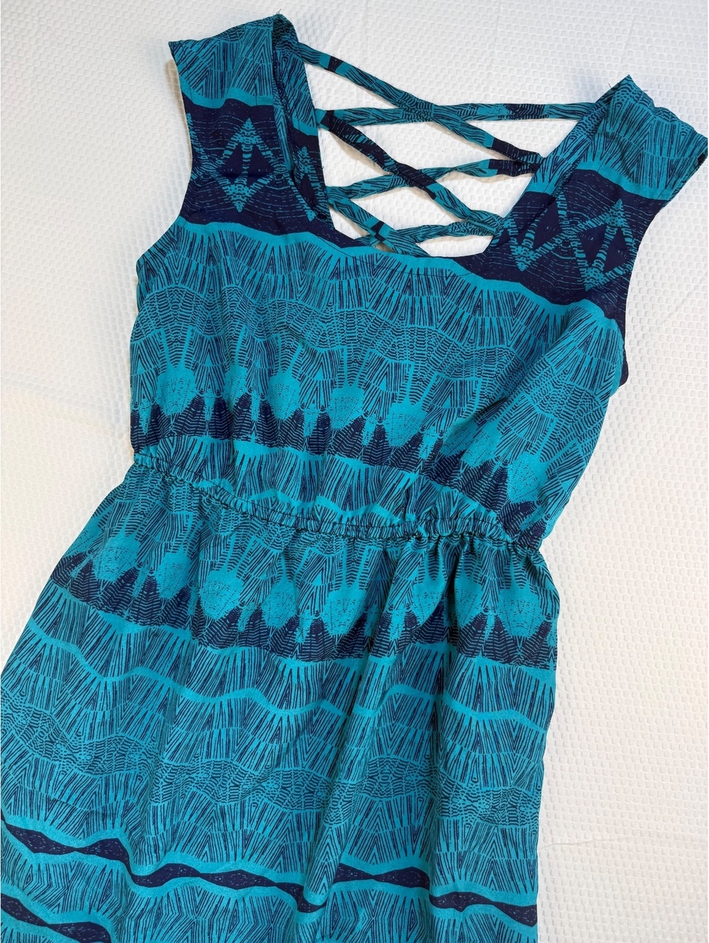 Xhilaration Teal Navy Geometric Dress Womens M Strappy Back Boho Pockets